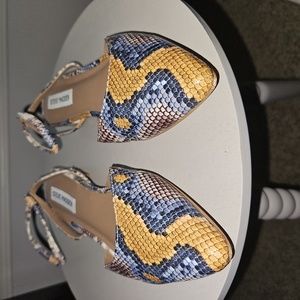 Snakeskin ankle strap flats